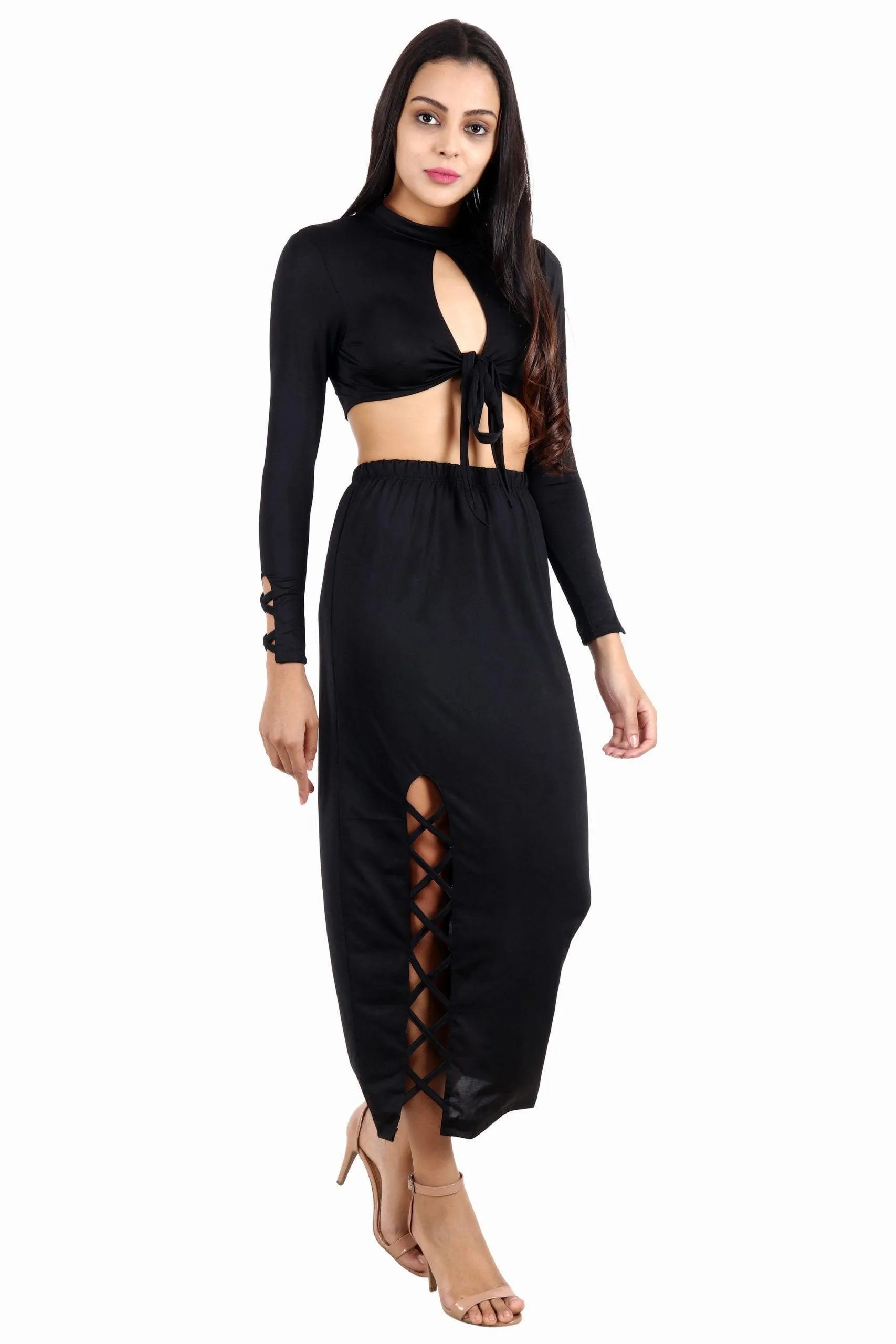 Black Solid Front Tie Top with Side Criss Cross Skirt