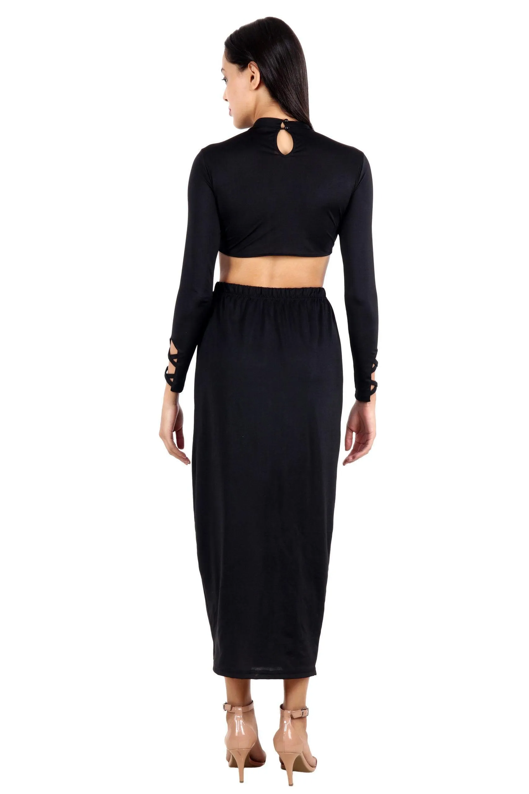Black Solid Front Tie Top with Side Criss Cross Skirt