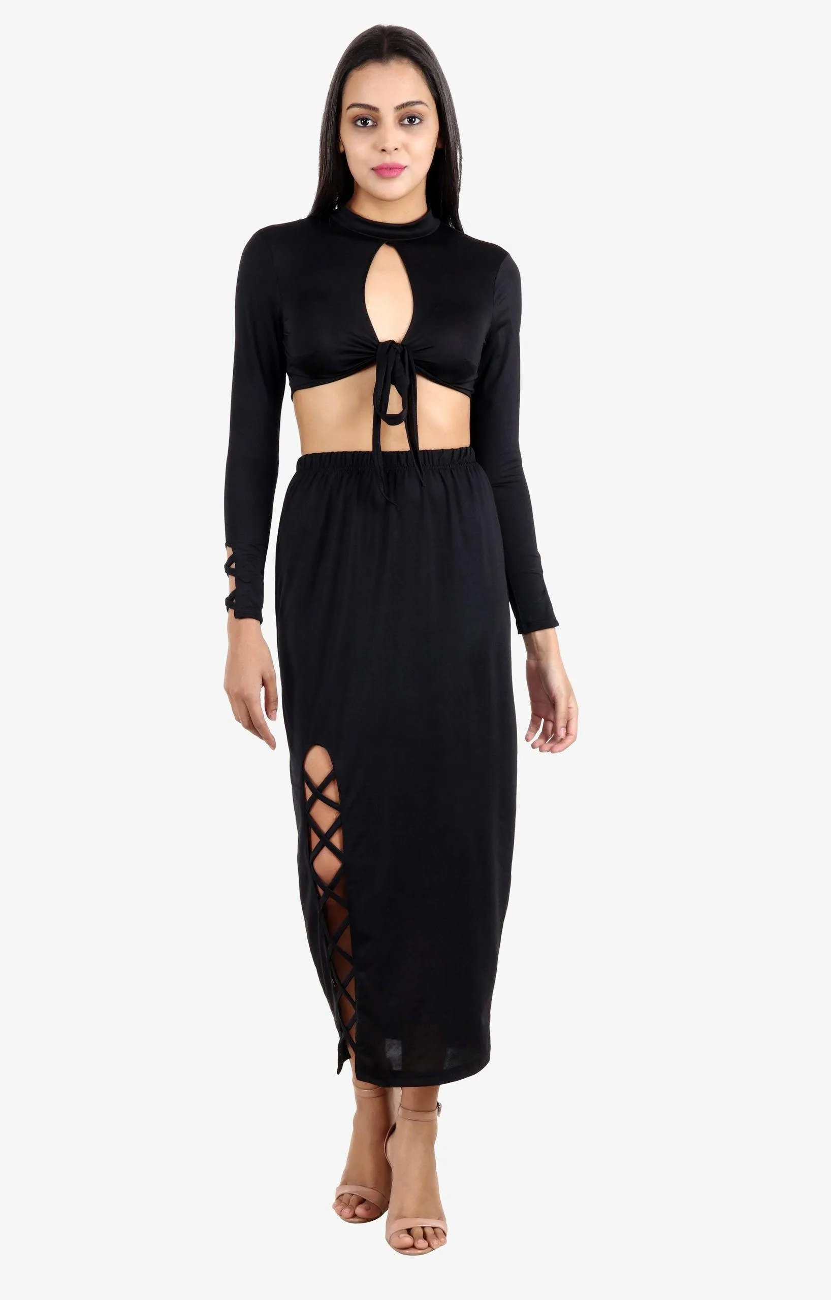 Black Solid Front Tie Top with Side Criss Cross Skirt