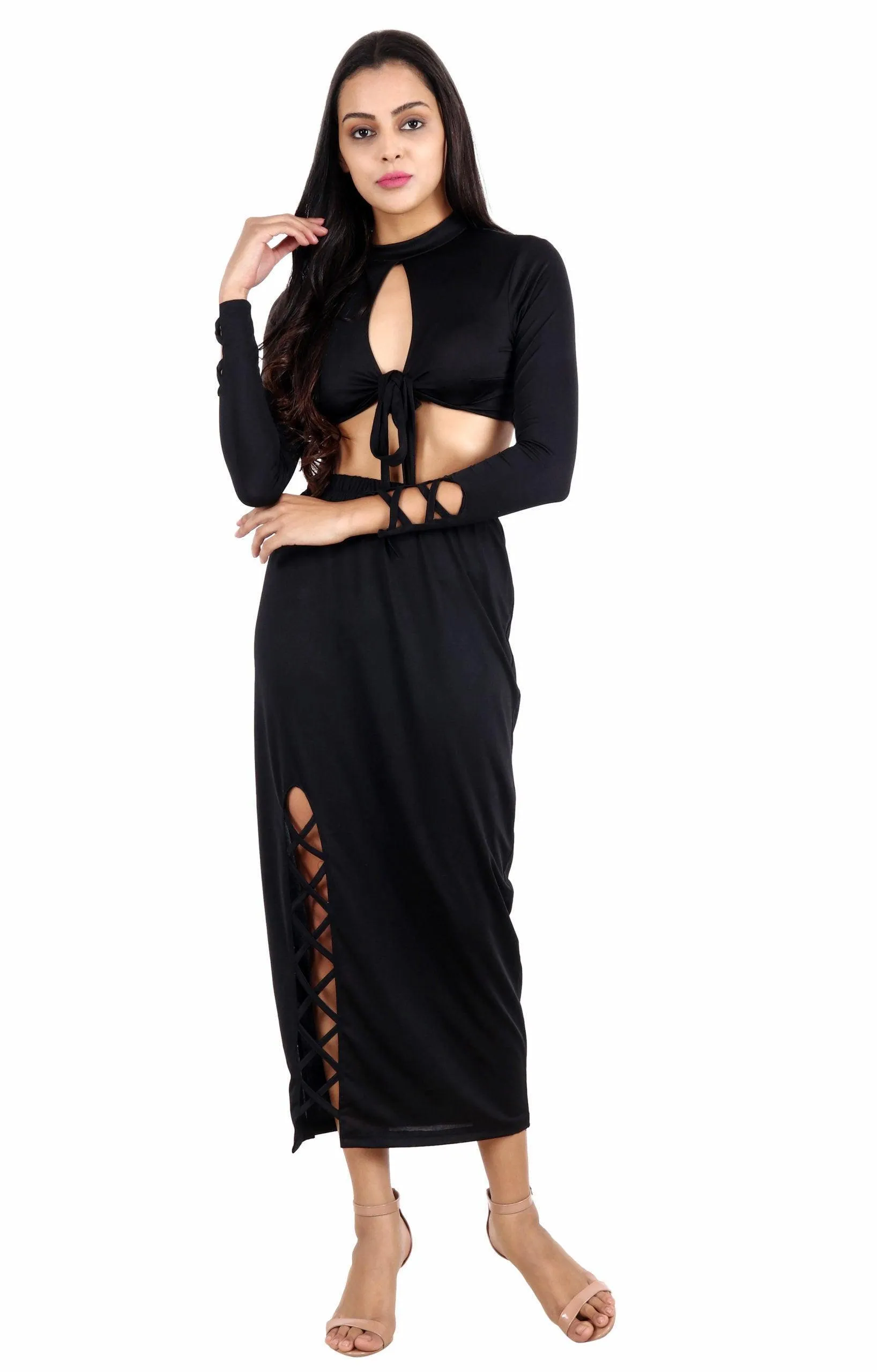 Black Solid Front Tie Top with Side Criss Cross Skirt