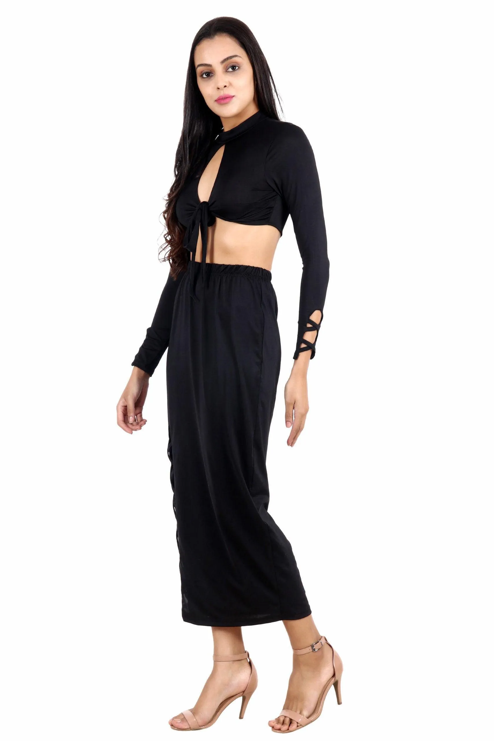Black Solid Front Tie Top with Side Criss Cross Skirt