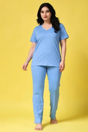 Cotton Solid Pyjama Night Suit Set-Pastel Blue