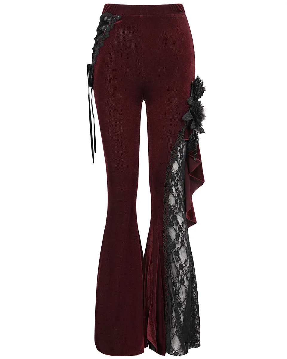 Eva Lady Womens Dark Gothic Courtesan Embellished Flare Leggings - Red & Black