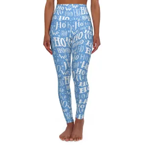 Ho Ho Ho Christmas Yoga Leggings Women, Blue Xmas Skinny High Waisted Pants Cute Printed Graphic Workout Designer Tights