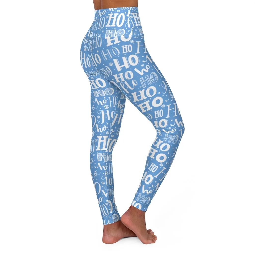 Ho Ho Ho Christmas Yoga Leggings Women, Blue Xmas Skinny High Waisted Pants Cute Printed Graphic Workout Designer Tights