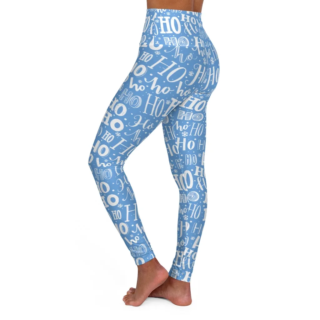 Ho Ho Ho Christmas Yoga Leggings Women, Blue Xmas Skinny High Waisted Pants Cute Printed Graphic Workout Designer Tights