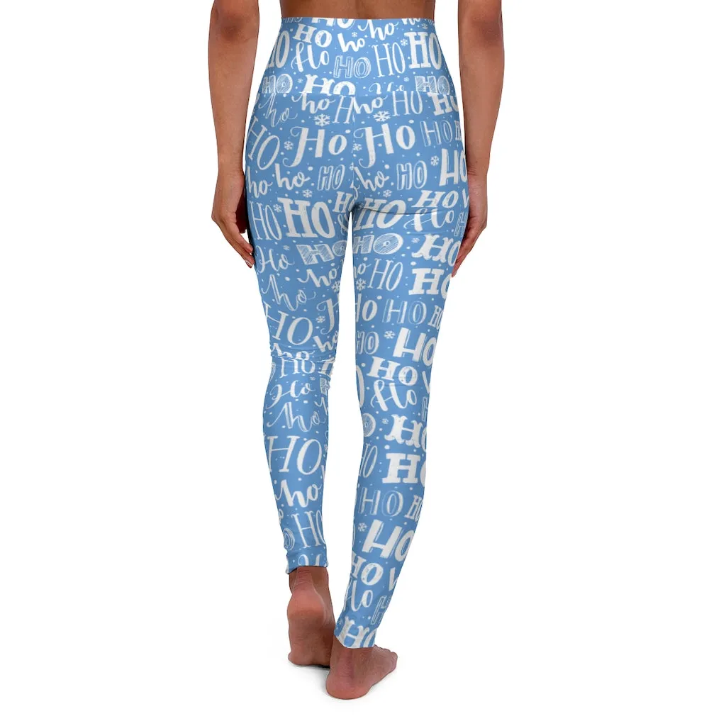 Ho Ho Ho Christmas Yoga Leggings Women, Blue Xmas Skinny High Waisted Pants Cute Printed Graphic Workout Designer Tights