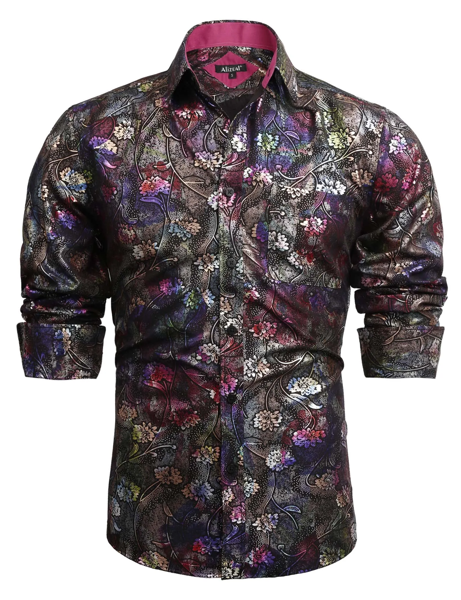 Men's Lapel Bronzing Shirt Casual Slim Fit Shiny Pattern Button-Down Long Sleeve Shirt, 009-Colorful Flower