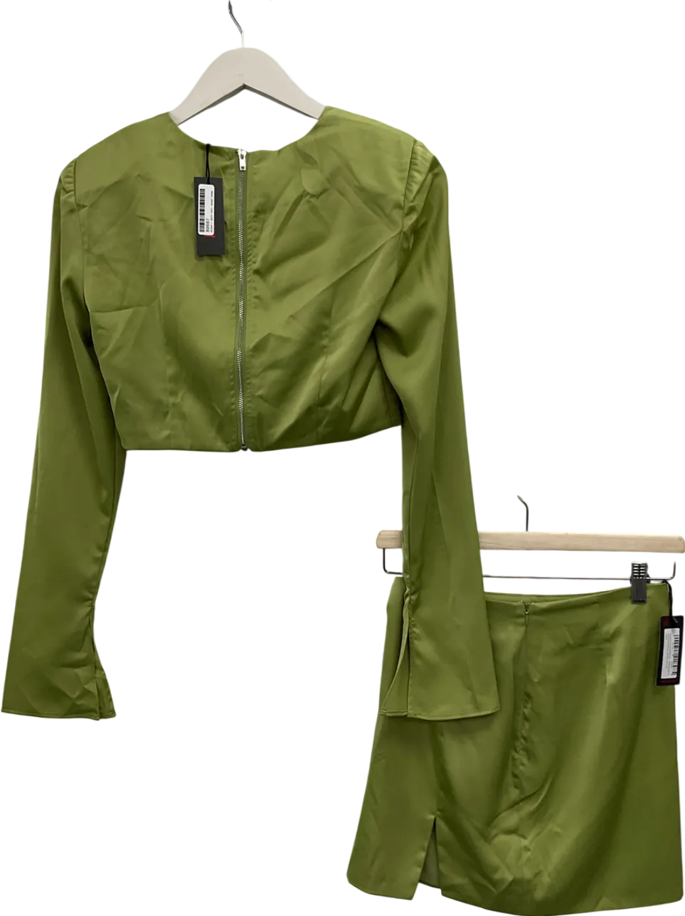 Misspap Green Premium Satin Shoulder Pad Split Skirt Co-ord UK 6