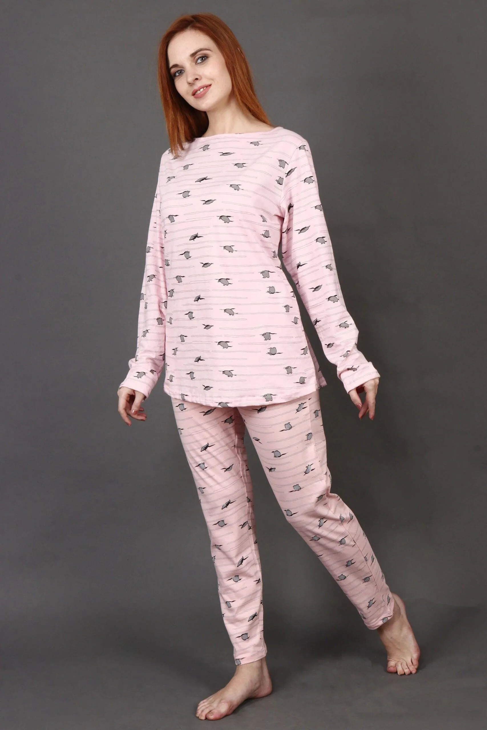 Penguin All Over Printed Night Suit Set with Long Sleeves