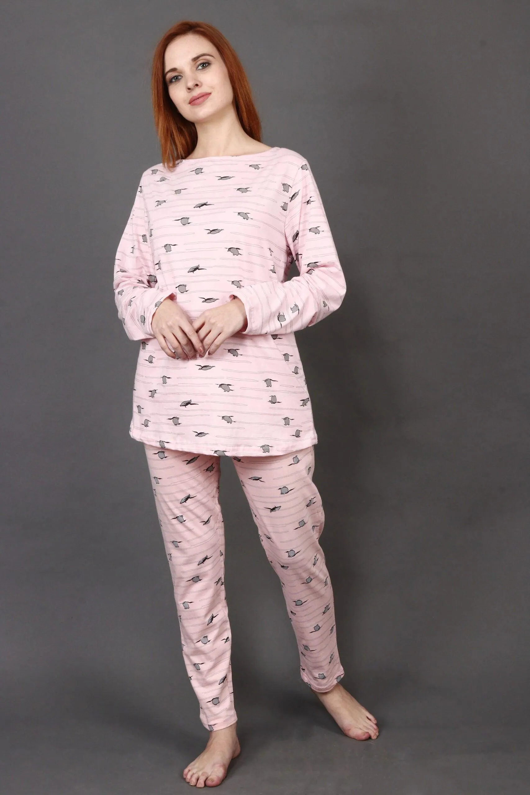 Penguin All Over Printed Night Suit Set with Long Sleeves