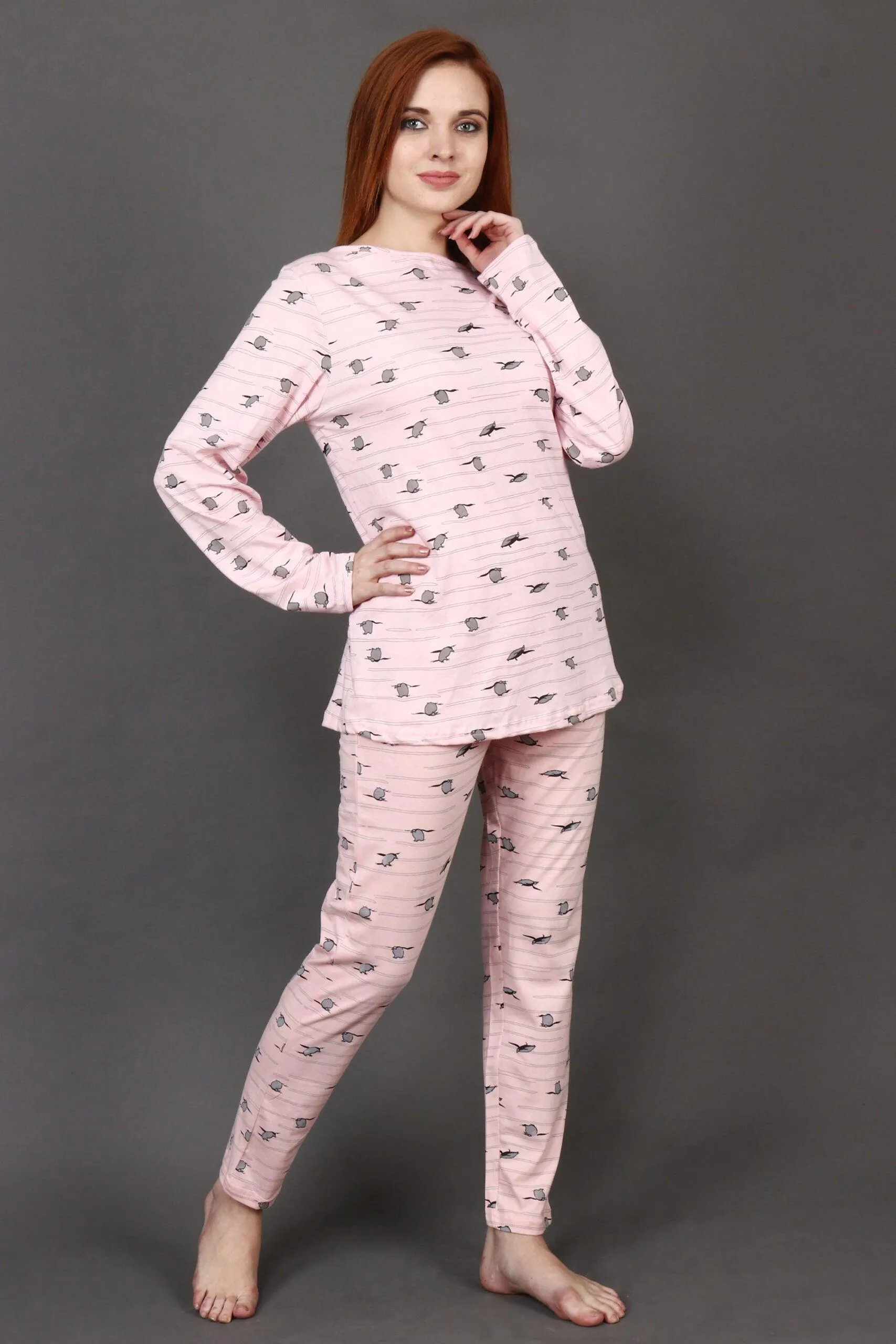 Penguin All Over Printed Night Suit Set with Long Sleeves