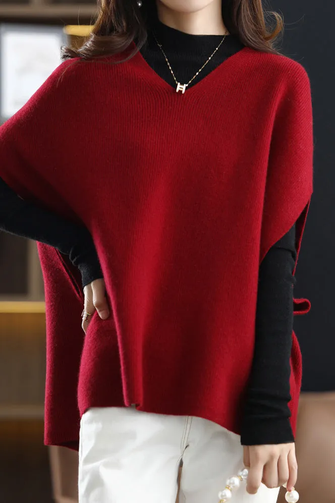 Poncho Style V-Neck Casual Knit Vest - 5 Colors Available