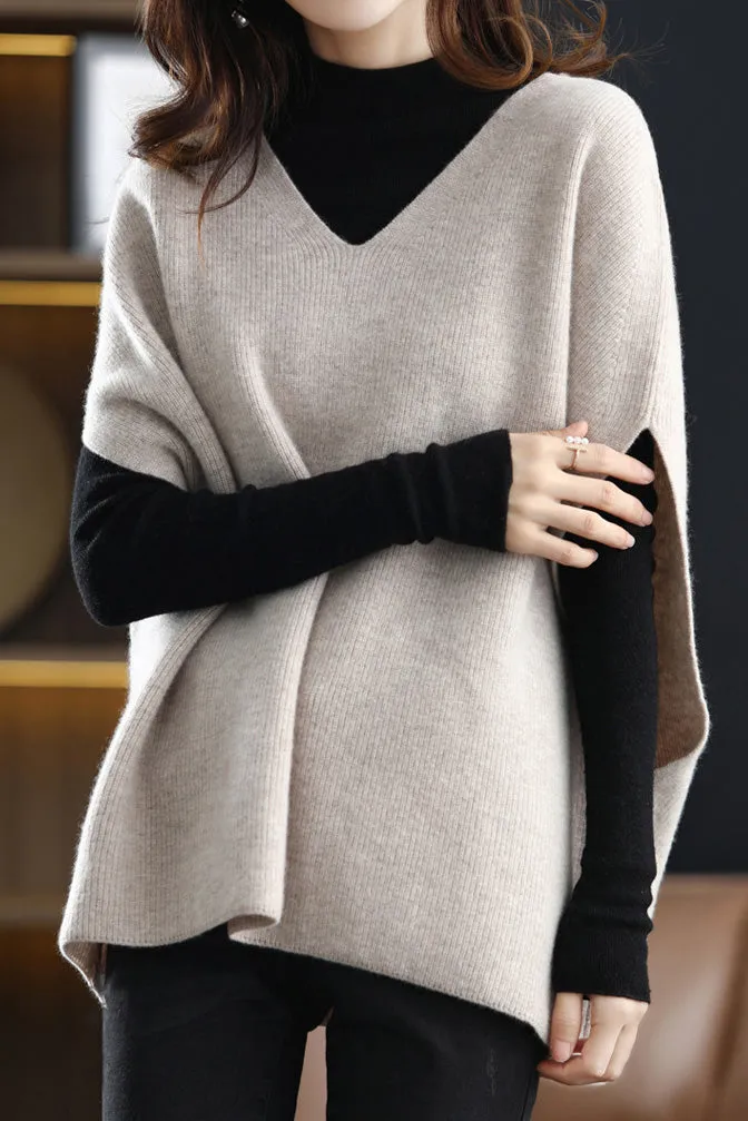 Poncho Style V-Neck Casual Knit Vest - 5 Colors Available