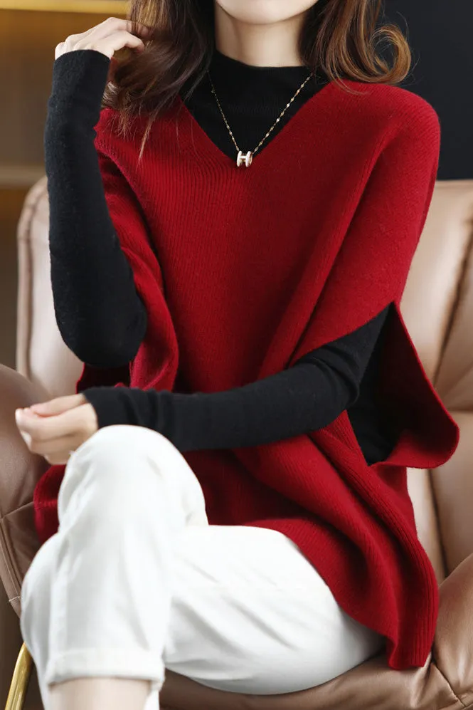 Poncho Style V-Neck Casual Knit Vest - 5 Colors Available