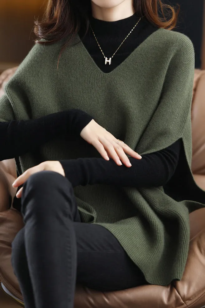 Poncho Style V-Neck Casual Knit Vest - 5 Colors Available