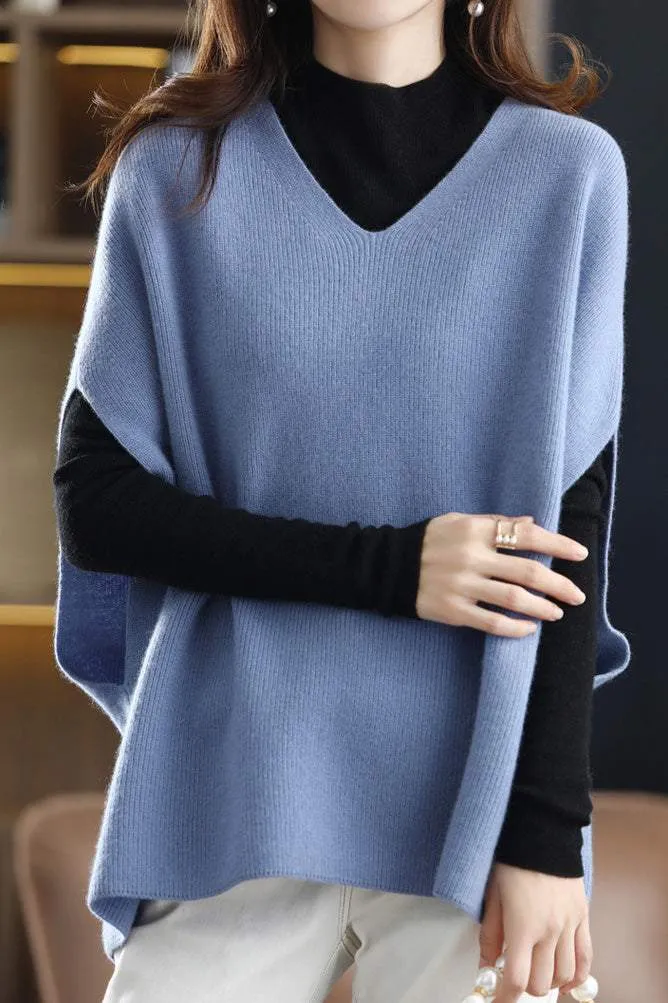 Poncho Style V-Neck Casual Knit Vest - 5 Colors Available