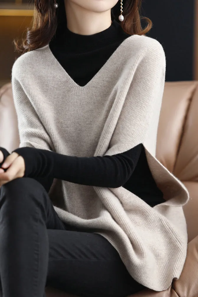 Poncho Style V-Neck Casual Knit Vest - 5 Colors Available