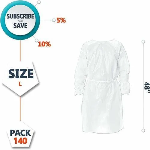 Waterproof Isolation Gowns in Bulk, 46". Pack of 140 Disposable Large