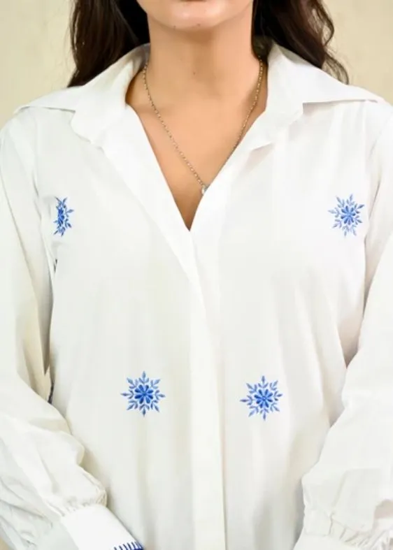 White Long Embroidery shirt dress