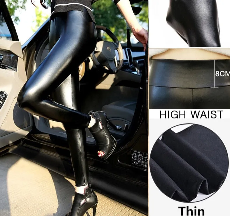 Wjczt Fall Winter Women's Fleece Black Leather Pants Female PU Leggings Slim Skinny High Waist PU Leggings Trousers For Women