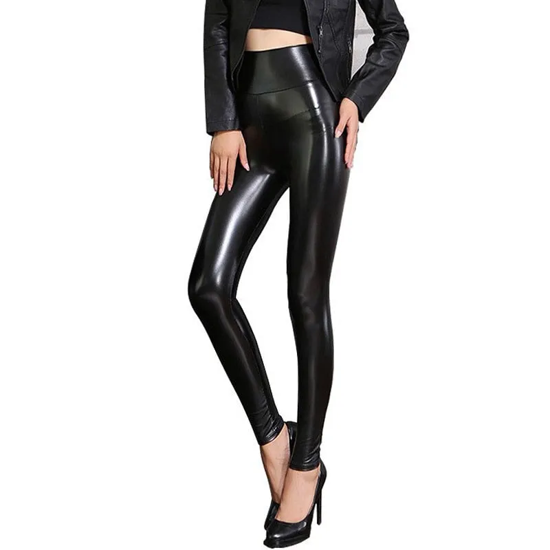 Wjczt Fall Winter Women's Fleece Black Leather Pants Female PU Leggings Slim Skinny High Waist PU Leggings Trousers For Women