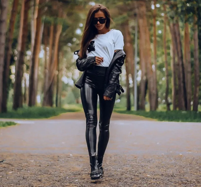 Wjczt Fall Winter Women's Fleece Black Leather Pants Female PU Leggings Slim Skinny High Waist PU Leggings Trousers For Women