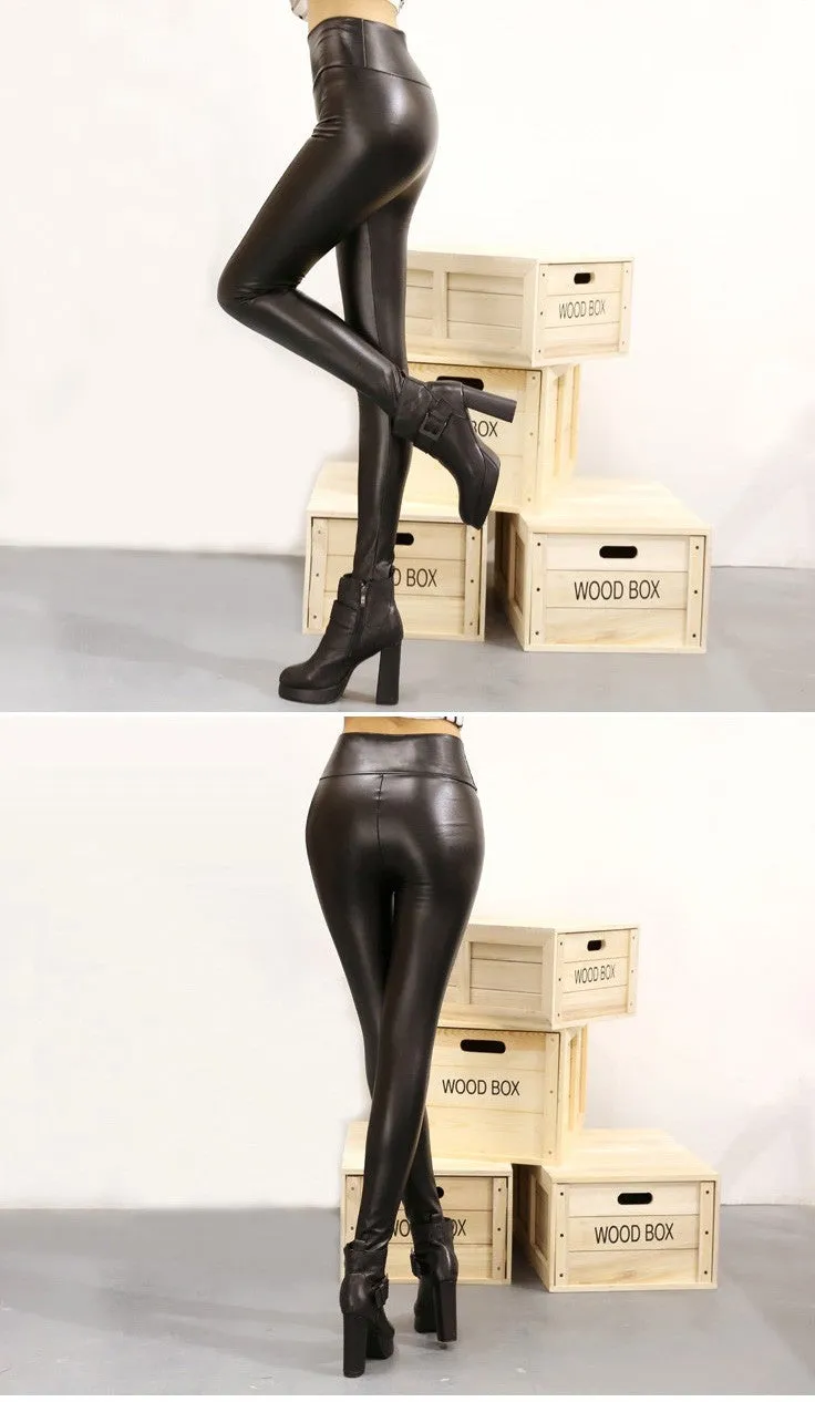 Wjczt Fall Winter Women's Fleece Black Leather Pants Female PU Leggings Slim Skinny High Waist PU Leggings Trousers For Women