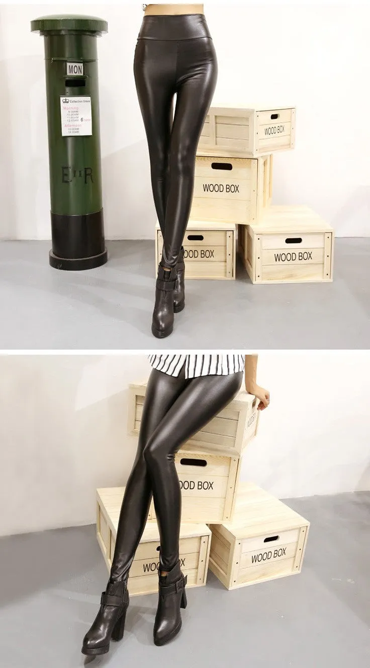 Wjczt Fall Winter Women's Fleece Black Leather Pants Female PU Leggings Slim Skinny High Waist PU Leggings Trousers For Women