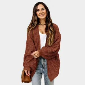 Women's Lantern Sleeve Thick Needle Cardigan  Cozy Knitted Sweater Coat, Black, Beige, and More